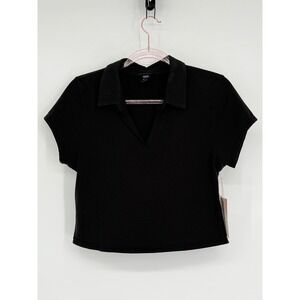 BLENCA Womens Black Short Sleeve Collared Crop Polo Shirt NWT Sz XL